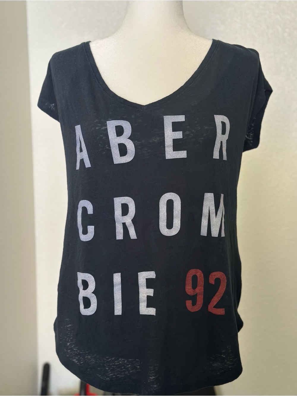 Abercrombie & Fitch Black V-Neck Graphic Tee with Red '92